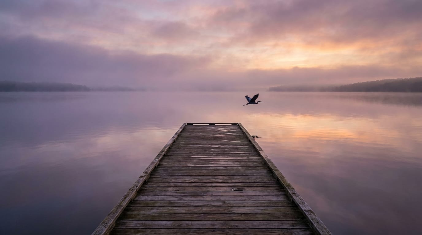 A lonely wooden pier extending into a calm misty lake at dawn, soft purple and orange sky reflecting on the water surface, a single bird flying across the frame, peaceful and melancholic atmosphere, slow cinematic pan shot, hyper realistic nature documentary style, 1080p.