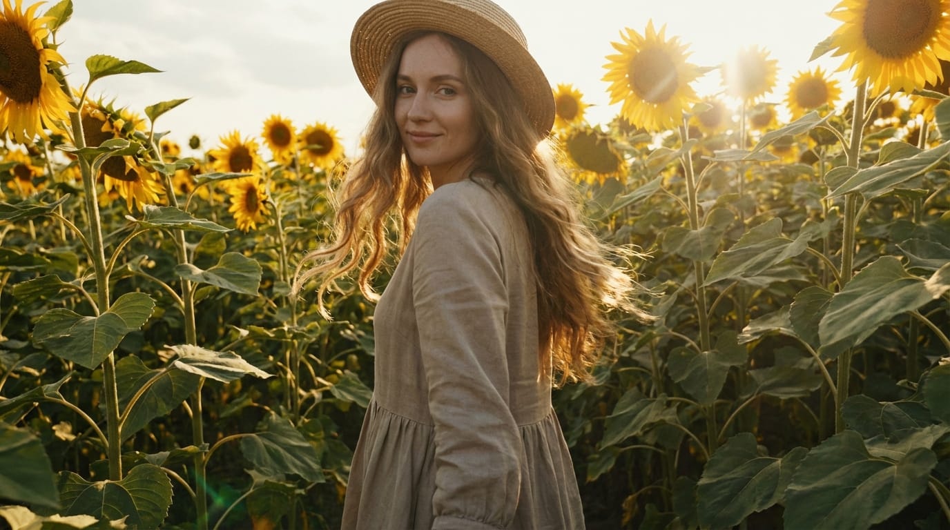 The character in the reference image is walking slowly through a field of sunflowers, looking back at the camera and smiling gently, sunlight filtering through leaves, hair swaying in the breeze, cinematic slow motion, high quality video.