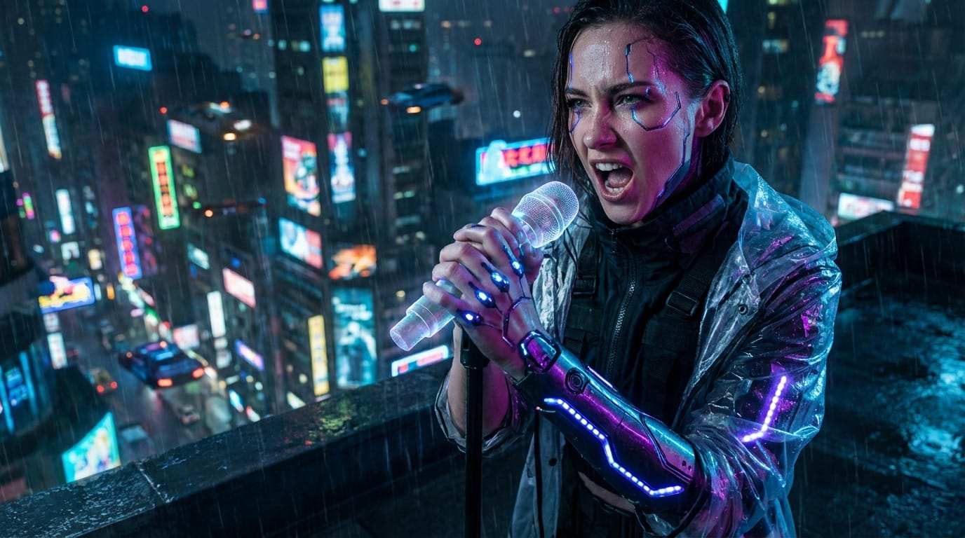 A futuristic cyberpunk female singer with glowing cybernetic accessories, singing passionately into a holographic microphone, standing on a skyscraper rooftop at night, neon city skyline in background, rain falling, dynamic lighting, cinematic depth of field, realistic skin texture, lip syncing to the rhythm.