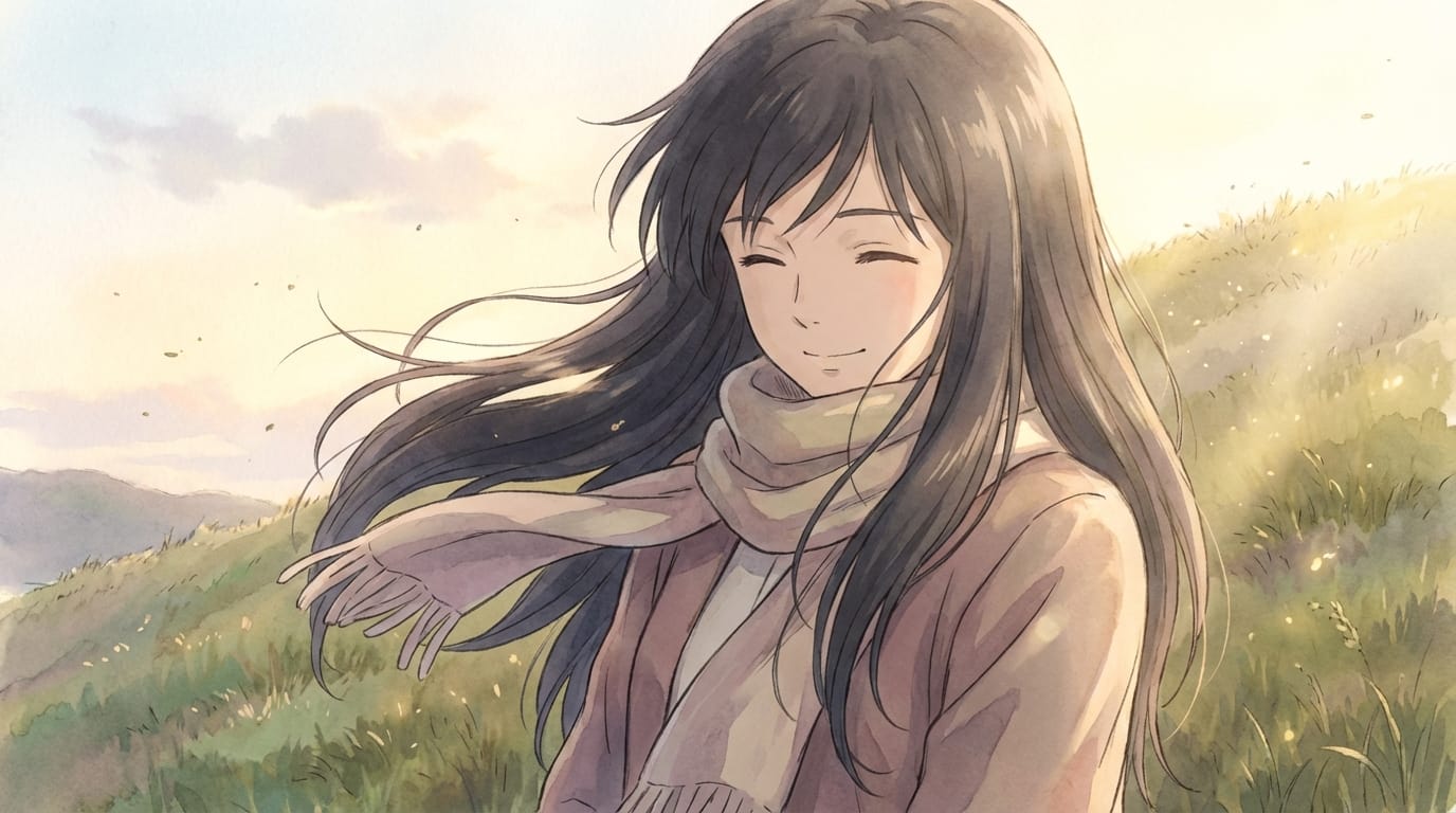 The character blinks slowly and smiles, hair blowing gently in the wind, subtle breathing movement, high quality anime animation, maintain original art style, soft lighting