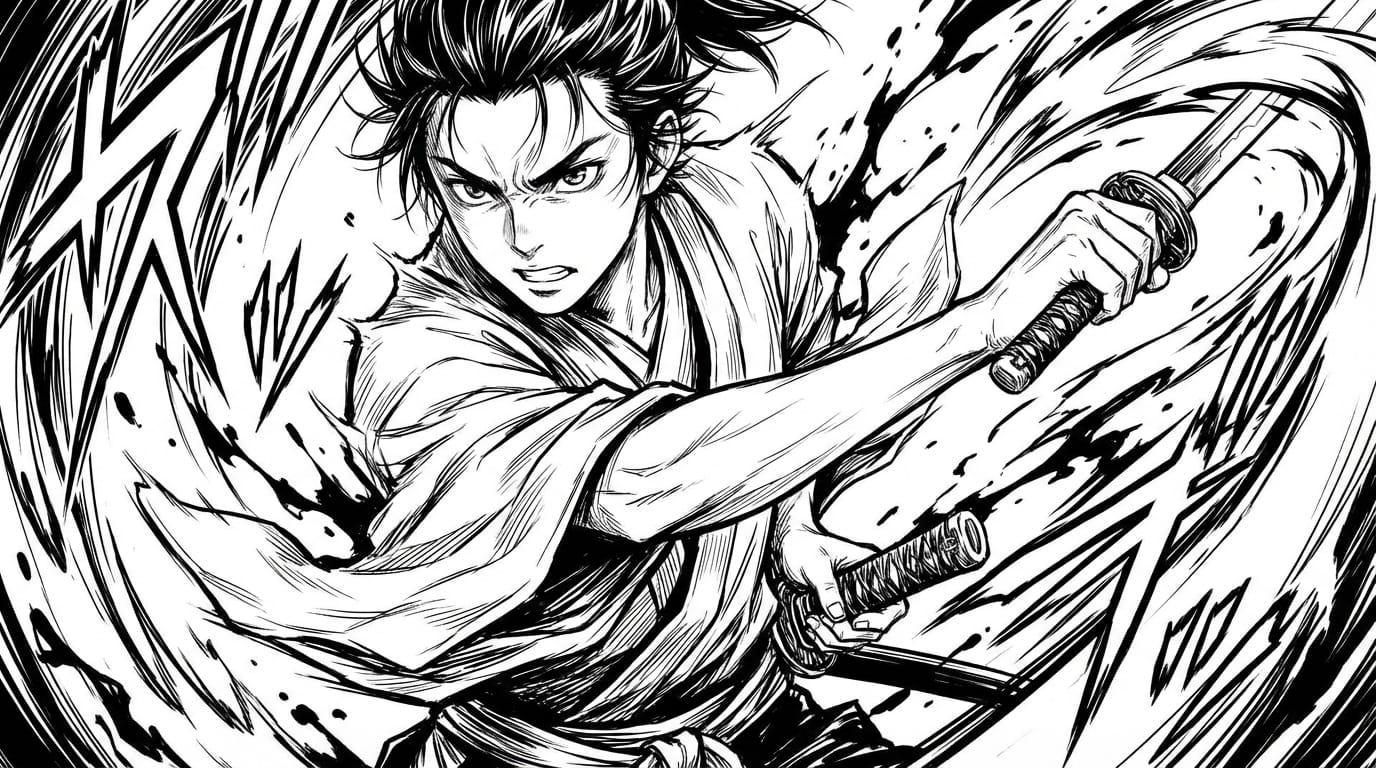A black and white manga style close-up of a young samurai drawing a katana, dynamic speed lines in background, ink splash effects, high contrast, detailed line art, intense expression