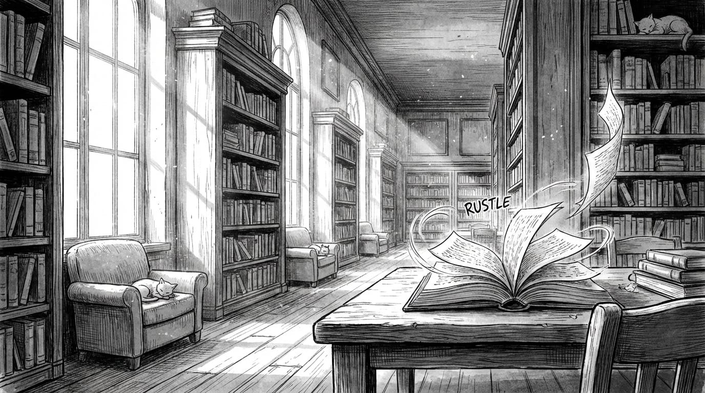 A quiet library in manga style, dust motes dancing in shafts of light, pages of an open book turning by themselves, sound of paper rustling, peaceful atmosphere, detailed background art