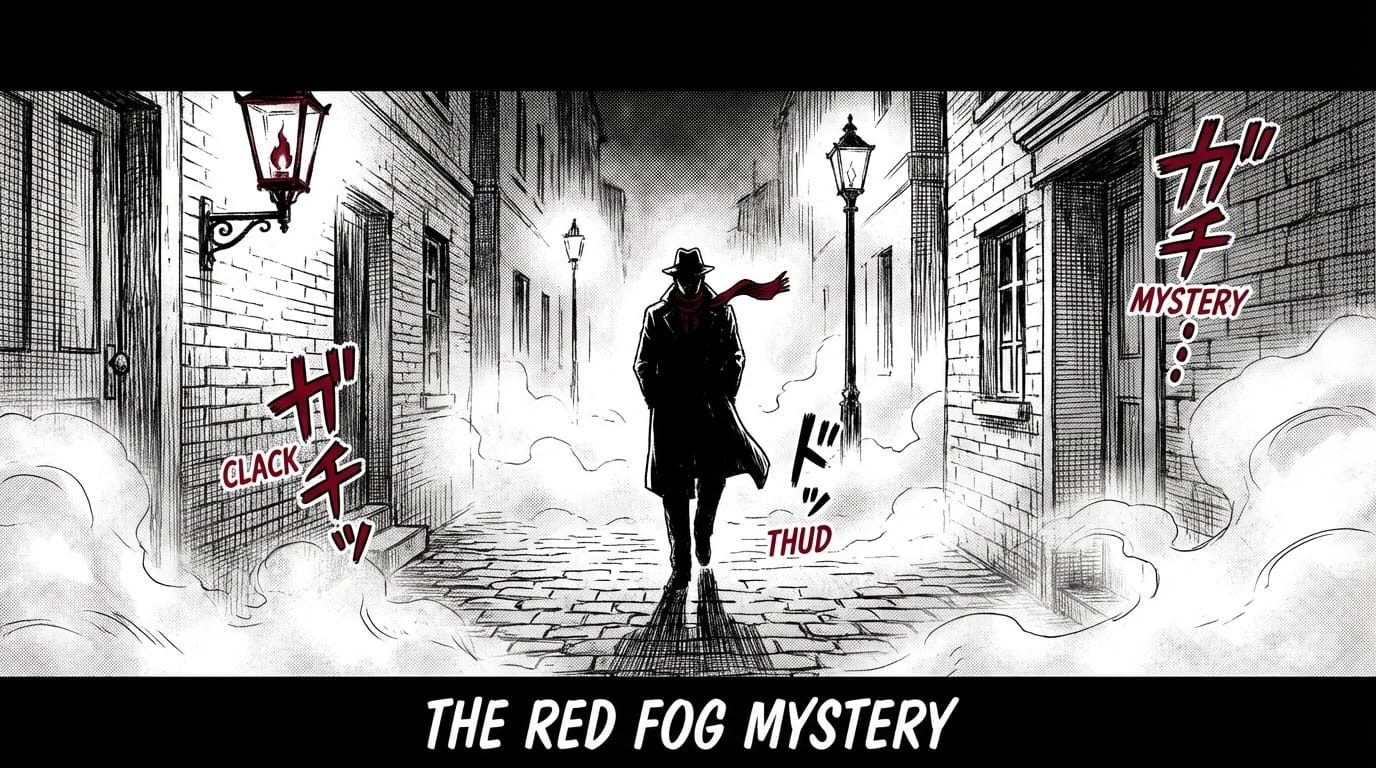 Cinematic manga style trailer, monochrome with red spot color, a mysterious detective walking through a foggy London street at night, gas lamps flickering, suspenseful atmosphere, footsteps sound on cobblestone, detailed ink lines, mystery genre aesthetic