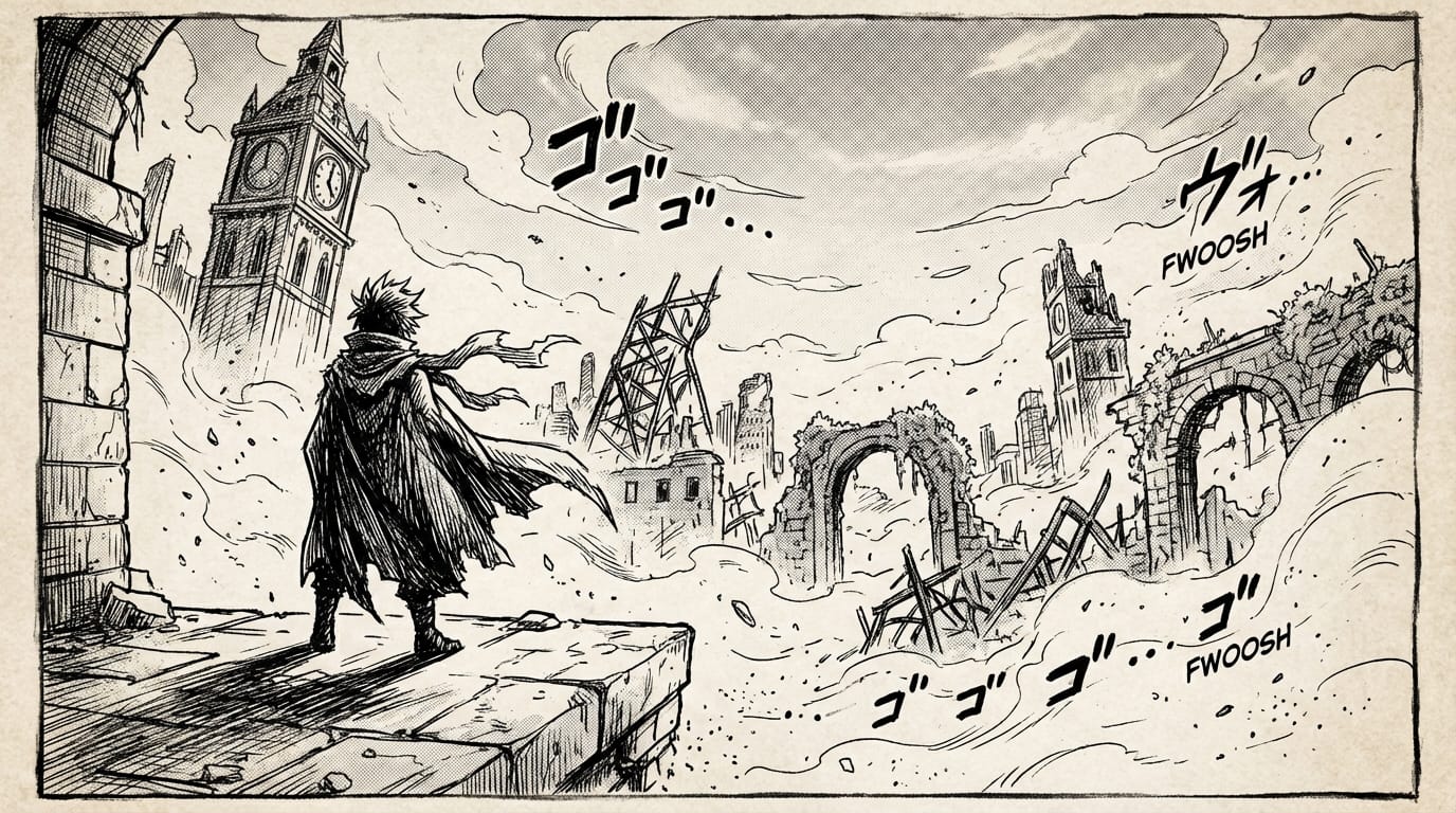 Camera zooms out slowly to reveal the background, maintaining the exact character design and manga ink style, adding environmental movement like dust particles floating, high fidelity