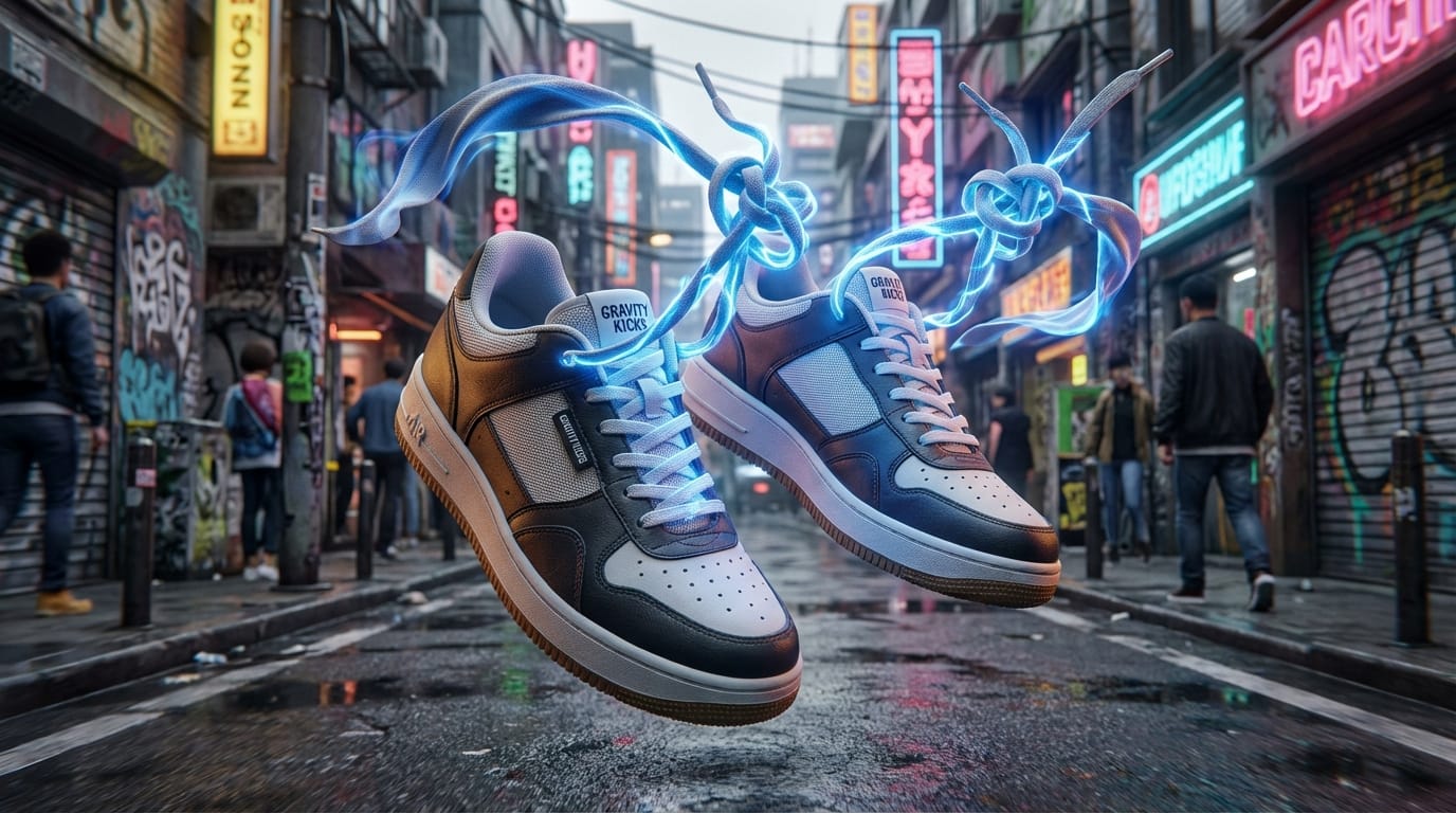 このスニーカーが空中に浮遊し、靴紐が魔法のように自動で結ばれる様子、背景は都会のストリート、ダイナミックなカメラの動き、ストリートファッションのプロモーションビデオ風、リアルな質感