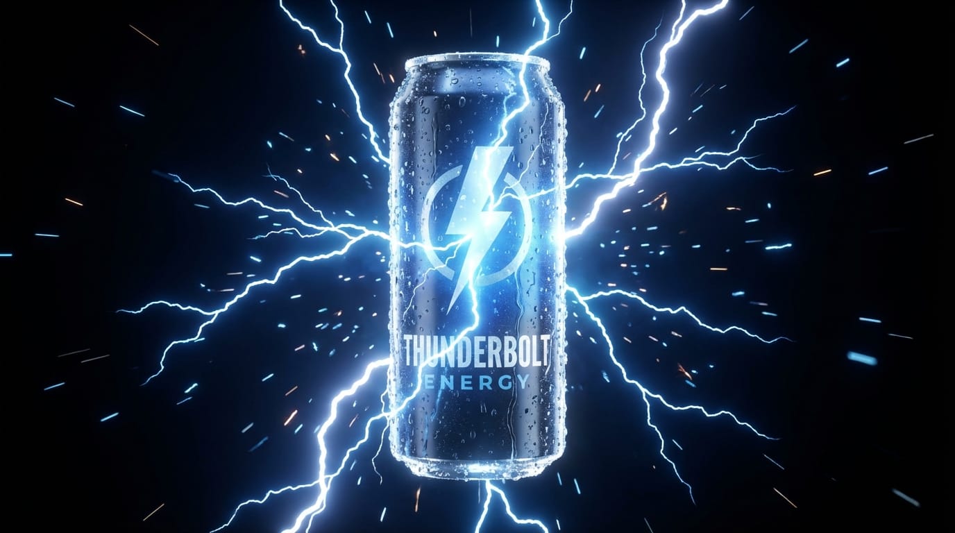 暗い背景の中で光るエナジードリンクの缶、周囲に稲妻のようなエフェクトが走る、缶の表面についた結露が鮮明に見える、カメラがゆっくりとズームインする、力強くエネルギッシュな雰囲気、映画級の高品質な3DCGスタイル