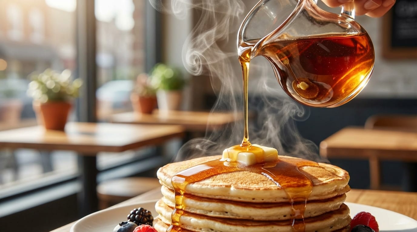 焼きたてのパンケーキにメイプルシロップがとろりと注がれるクローズアップ映像、湯気が立ち上る、温かみのあるカフェの店内、自然光が差し込む窓際、食欲をそそるシズル感、4k高画質