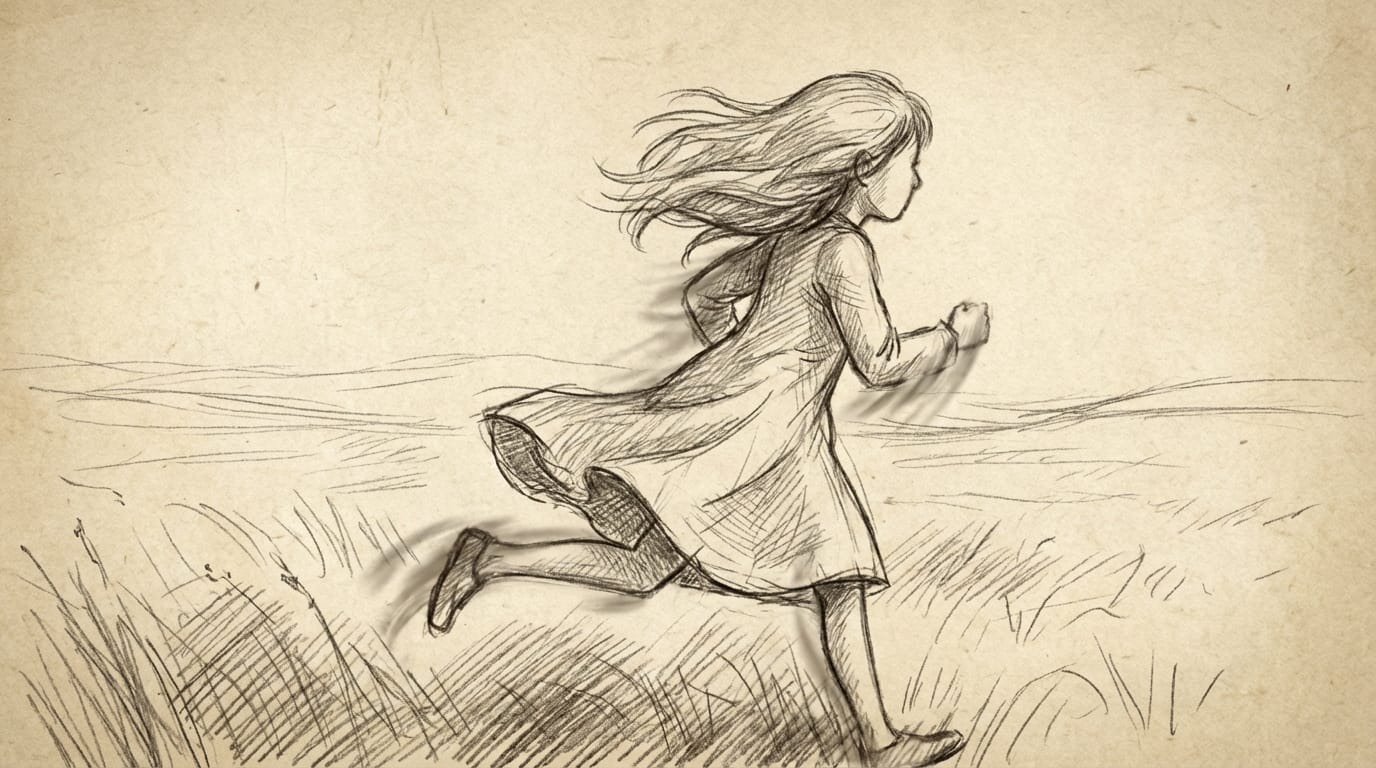 A rough pencil sketch animation of a girl running in a field, wind blowing, paper texture background, hand-drawn style, minimal lines, monochrome with slight sepia tone, high quality motion