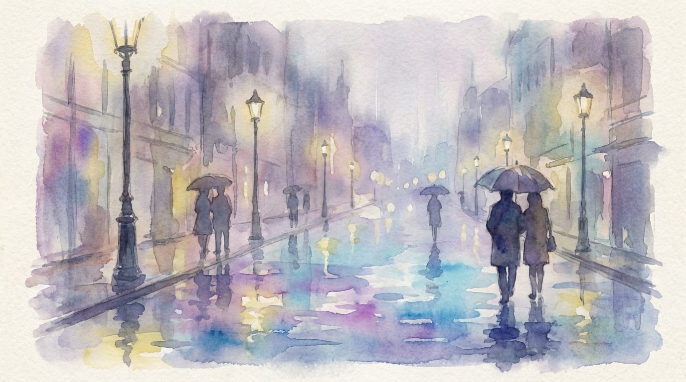 Watercolor painting style animation, a rainy city street at night, colorful reflections on wet ground, soft brush strokes, dreamy atmosphere, slow motion