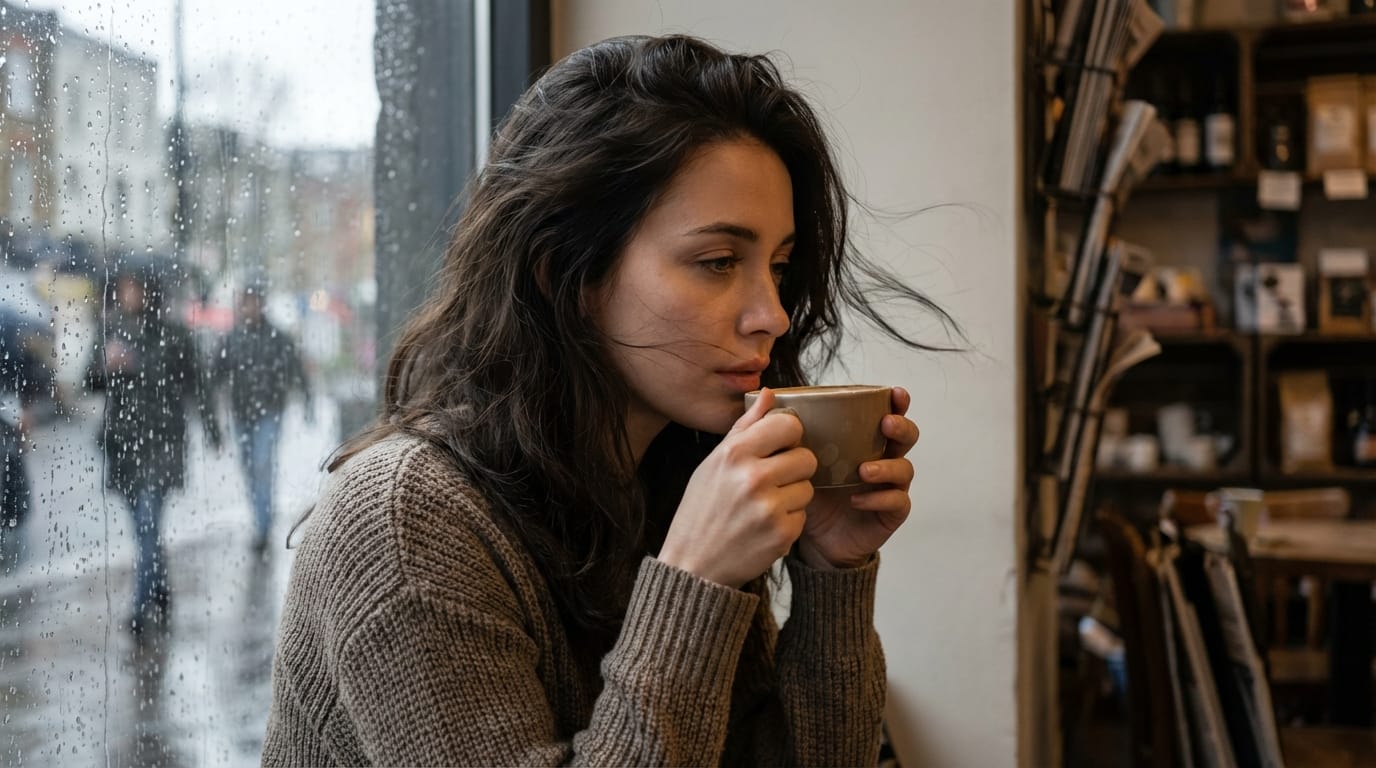 このキャラクターがゆっくりとコーヒーカップを持ち上げ、一口飲み、窓の外を少し寂しげに見る。自然な瞬きと髪の揺れ。