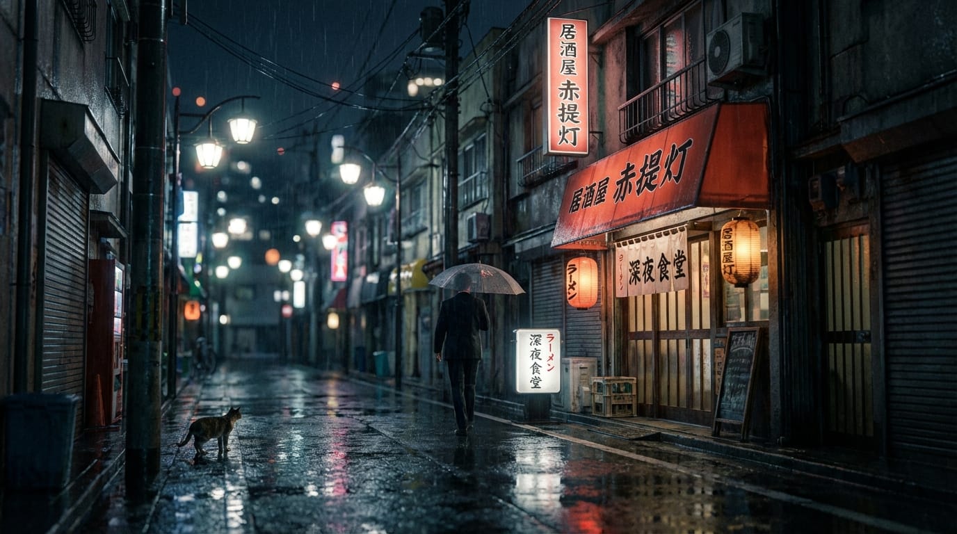 雨の夜、東京の静かな路地裏。濡れたアスファルトにネオンサインが反射している。映画のような被写界深度（ボケ量）。4K解像度、高画質。