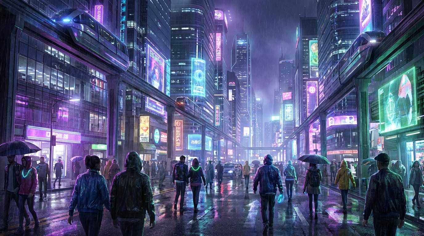 Cinematic wide shot of a futuristic city street at night, neon lights reflecting on wet pavement, realistic crowd walking naturally, 8k resolution, high detail
