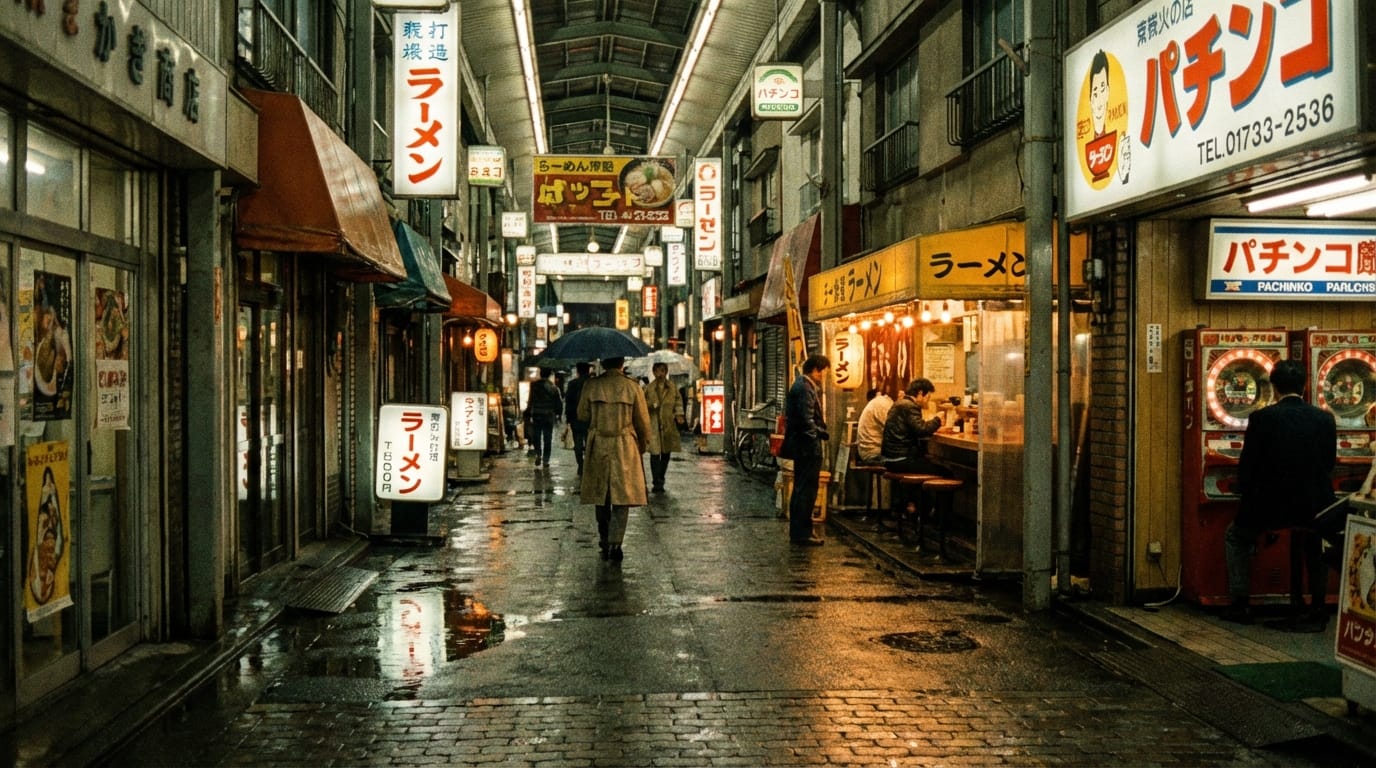 Old Japanese shopping street in 1980s, raining night, neon signs reflecting on wet pavement, cinematic lighting, photorealistic, nostalgic mood, film photography texture