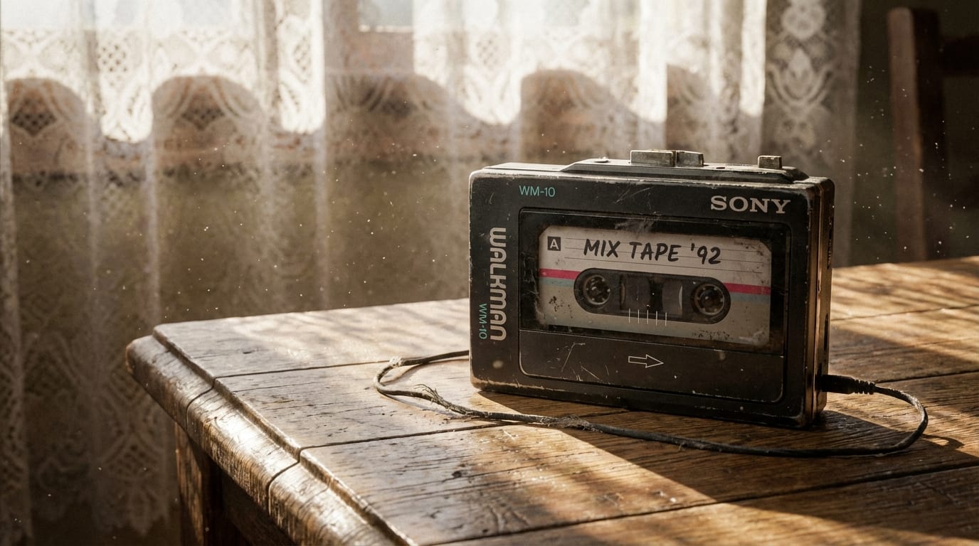 Close up shot of an old cassette player on a wooden table, sunlight streaming through window lace curtains, dust motes, photorealistic, macro lens, nostalgic vibe