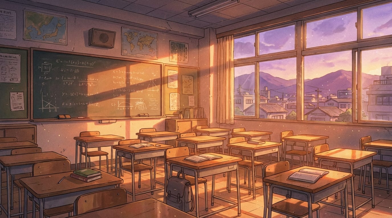 A nostalgic classroom at sunset, golden hour lighting, dust particles dancing in the light, vintage anime art style, detailed background, 90s aesthetic, emotional atmosphere