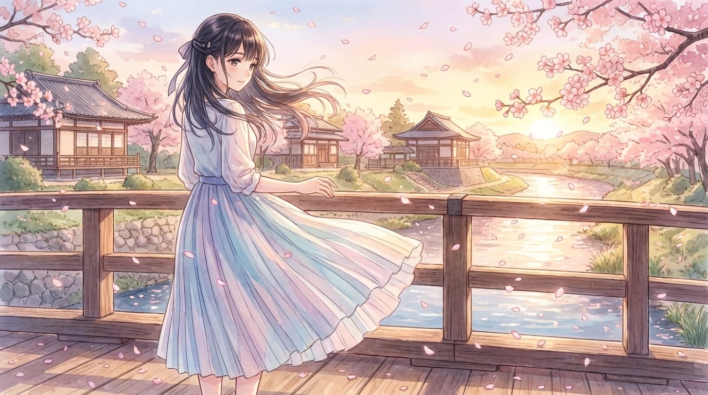 A girl's hair and skirt swaying gently in a soft breeze, cherry blossom petals falling in the background, anime style, peaceful atmosphere