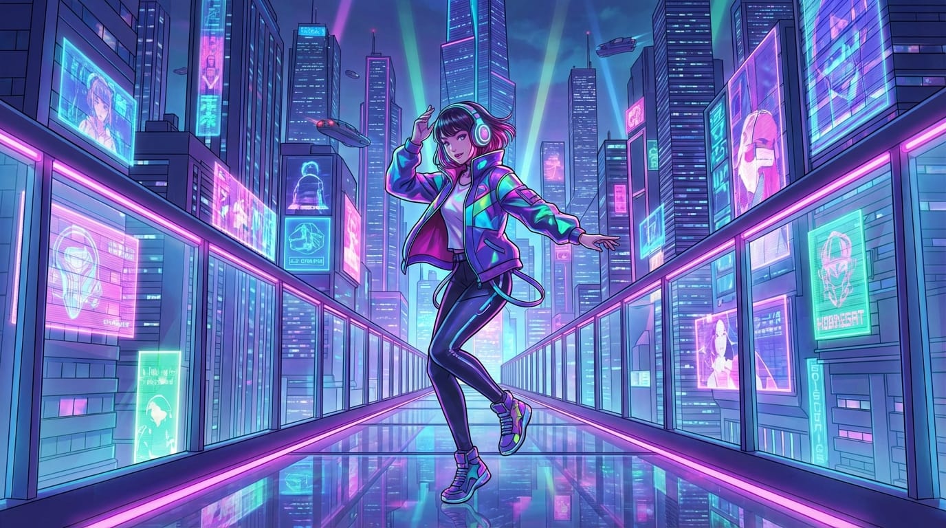 A cute anime girl dancing in a futuristic city, neon lights, vertical video ratio 9:16, vibrant colors, smooth motion