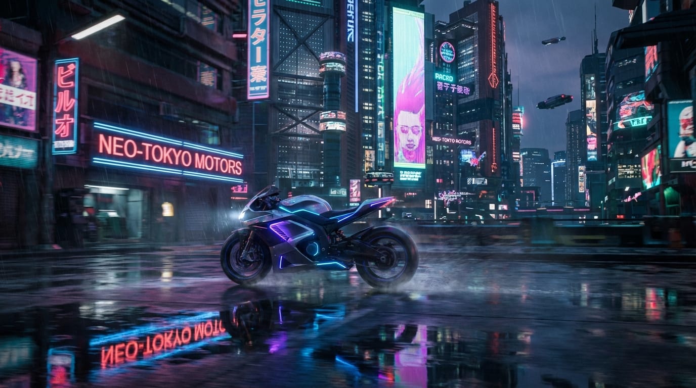 Futuristic motorcycle speeding through a cyberpunk city in the rain, neon signs reflecting on wet pavement, fast camera movement, cinematic lighting