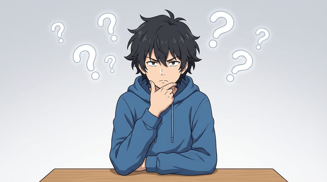 The same anime character thinking deeply with hand on chin, question marks floating around, confused expression, simple background, matching the previous art style, high quality illustration