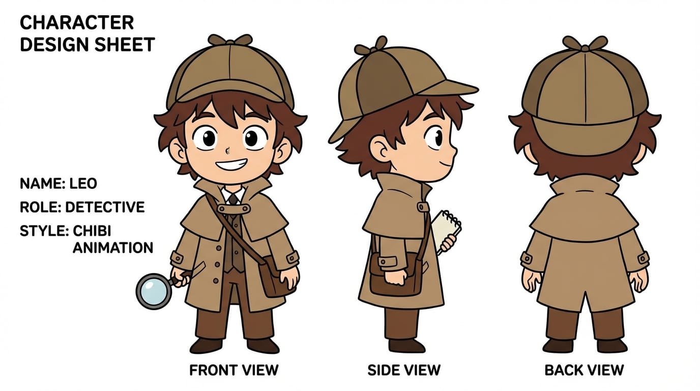 A cute chibi style character design sheet, front view and side view and back view, young boy with messy brown hair wearing detective clothes, distinct facial features, clean lines, flat color, white background, character concept art for animation