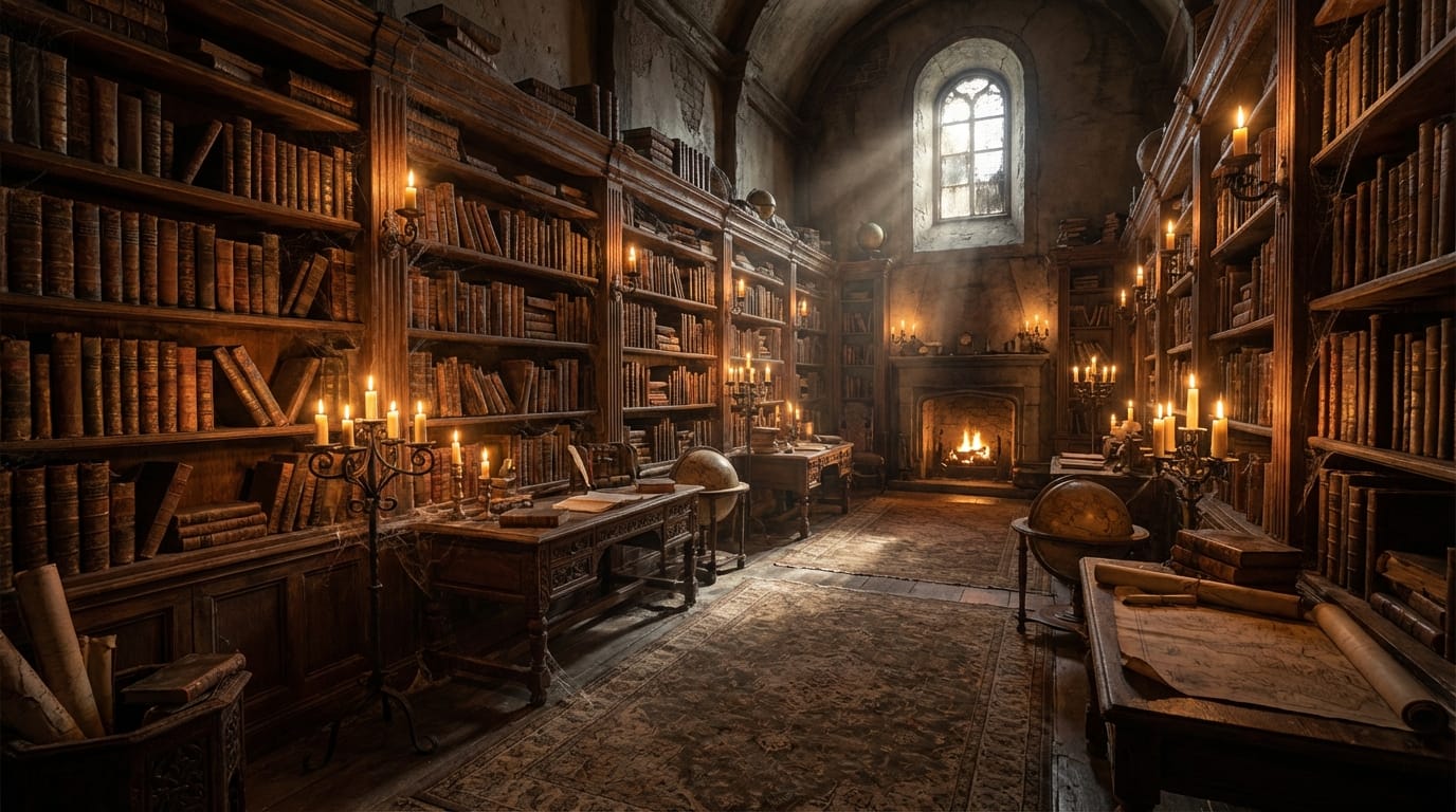 An atmospheric interior of an old dusty library with wooden bookshelves filled with ancient books, warm candle lighting, mystery atmosphere, cinematic lighting, wide angle shot, detailed textures, realistic fantasy style, 8k resolution