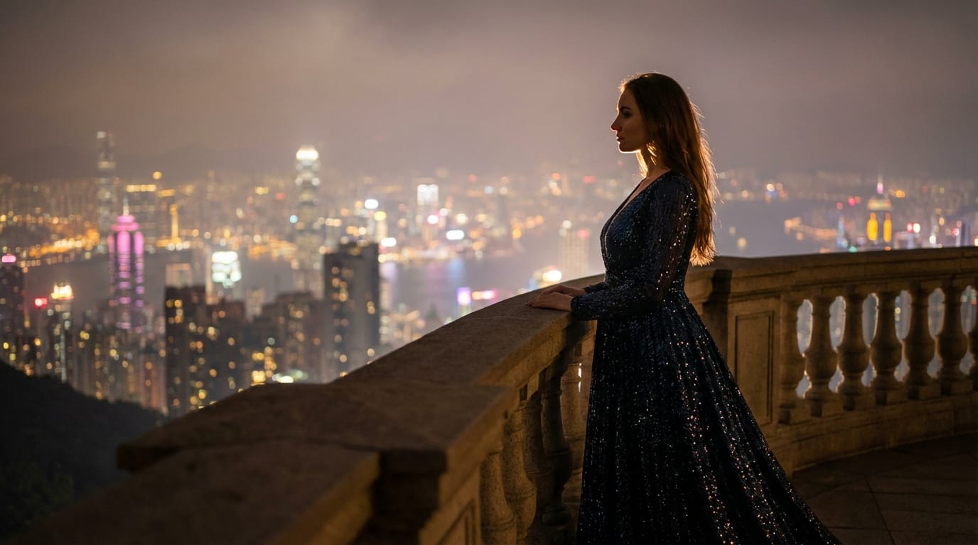 night portrait of a woman standing on a balcony, city skyline background, bokeh lights, elegant dress, soft rim lighting, cinematic shot
