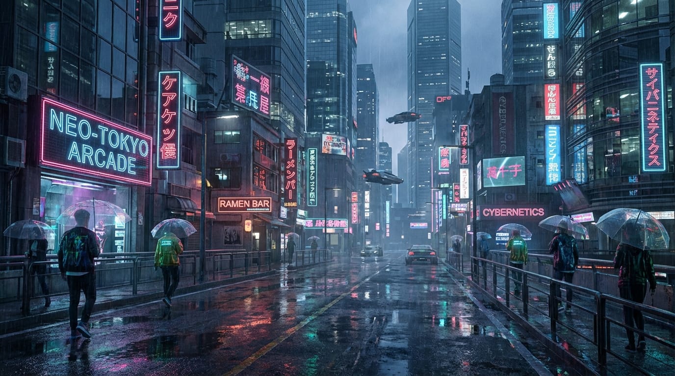 cyberpunk city night scene, rain wet street, neon lights reflection, cinematic lighting, photorealistic, 8k, extreme detail