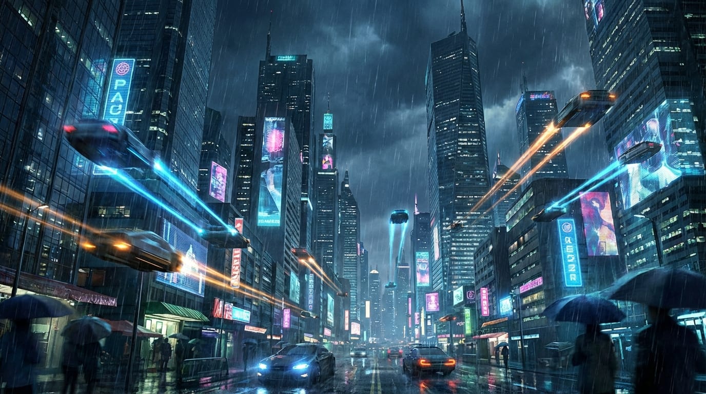 wide angle shot of a futuristic city at night, flying cars, skyscrapers, heavy rain, dark atmosphere, highly detailed