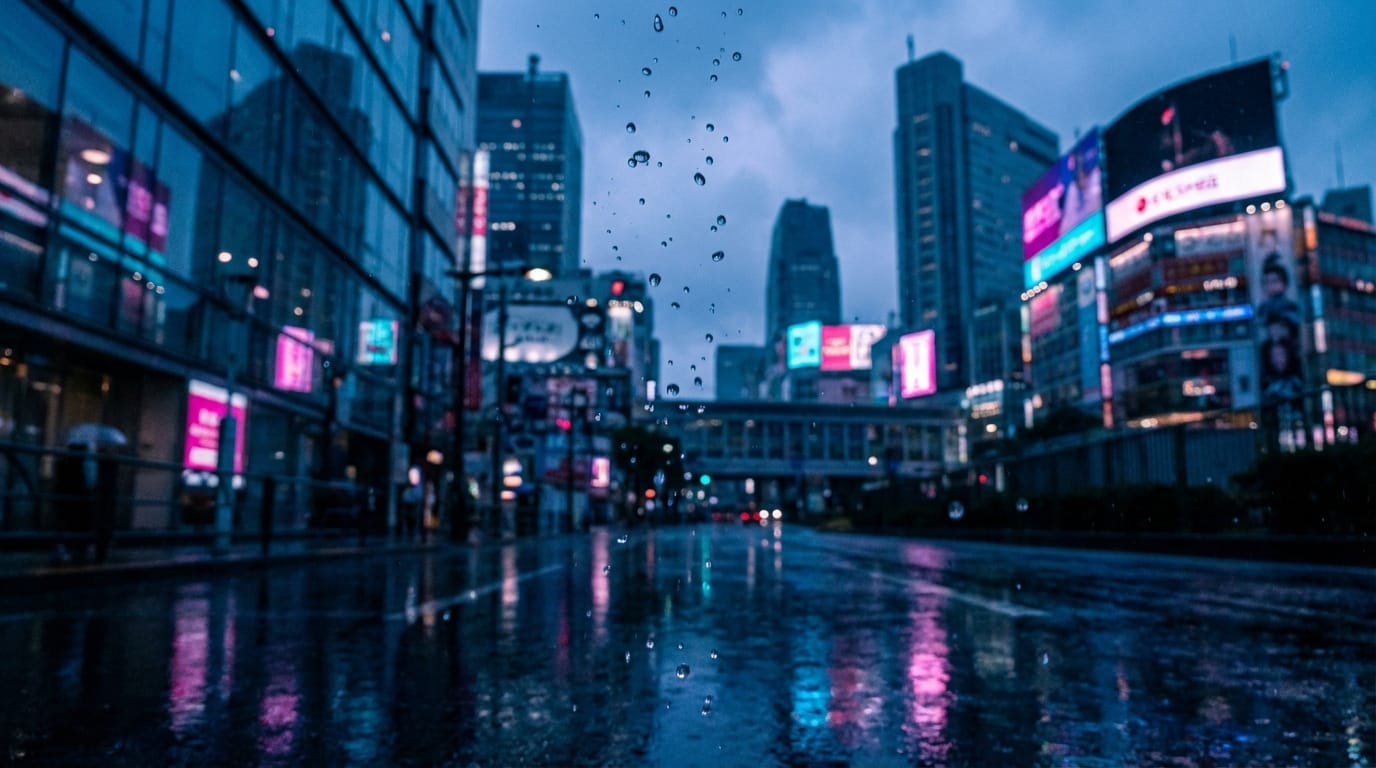 Extremely detailed cinematic shot, 8k resolution. Night cityscape of Tokyo, neon signs reflecting on wet asphalt. Slow motion, shallow depth of field focusing on raindrops in the foreground. Cyberpunk atmosphere, blue and pink lighting, photorealistic.