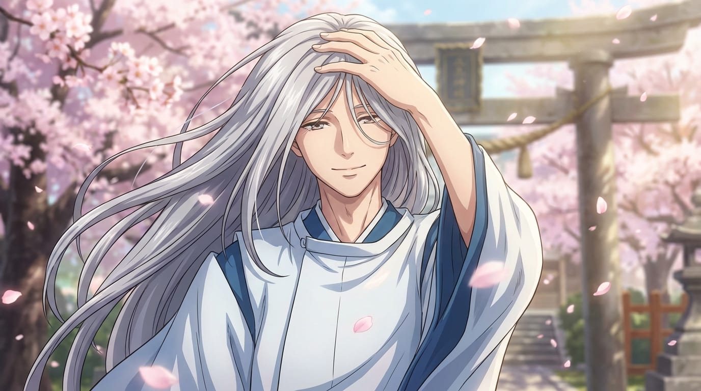 High quality, delicate movement. The character smiles gently while holding down long silver hair fluttering in the wind. Natural blinking, chest slightly rising and falling with breath. Cherry blossom petals in the background slowly falling. Anime style, sharp details, 4k.