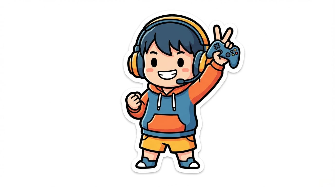 chibi, cute, 1boy, gamer, victory pose, smile, white background, sticker style, thick outline, simple, flat color