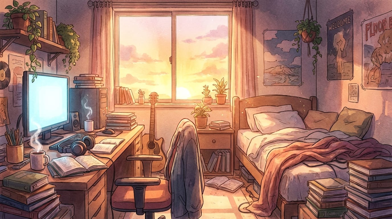 masterpiece, best quality, anime background, messy room, cozy, sunset, light from window, computer, books, coffee cup, lo-fi style, relaxing atmosphere, highly detailed