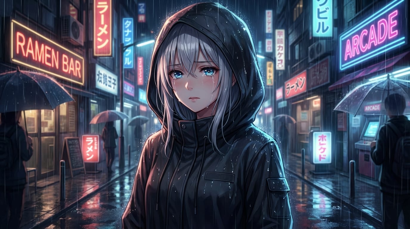masterpiece, best quality, 1girl, silver hair, blue eyes, crying, emotional, rainy city, night, neon signs, cinematic lighting, highly detailed, dramatic atmosphere, anime style
