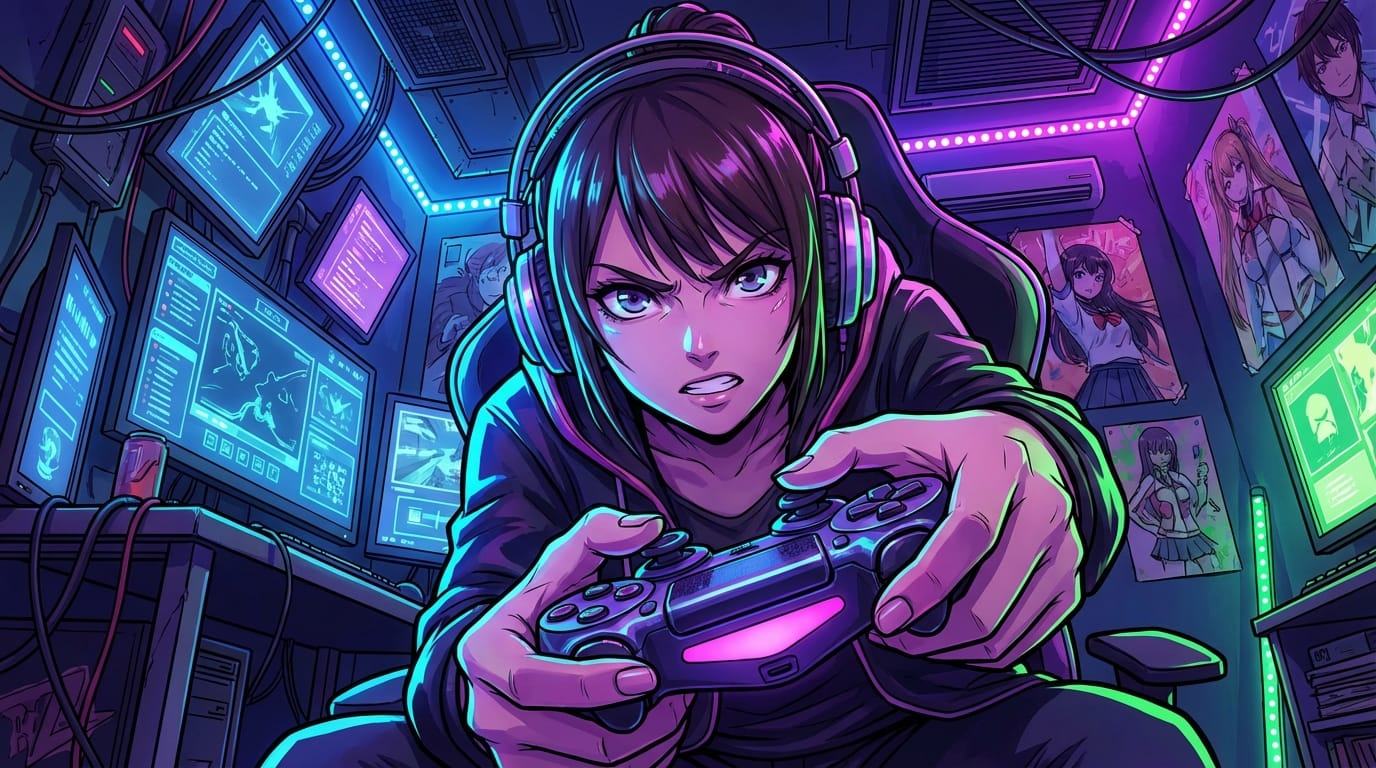 masterpiece, best quality, 1girl, gaming room, neon lights, cyberpunk style, headphones, intense gaze, holding game controller, dynamic angle, colorful lighting, detailed background, anime style, high contrast, vivid colors