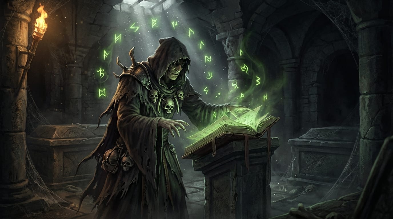 Dark fantasy concept art, a necromancer reading a glowing grimoire in an ancient crypt, green magical runes floating in the air, detailed skull accessories, atmospheric shadows, volumetric lighting, sharp focus, realistic texture