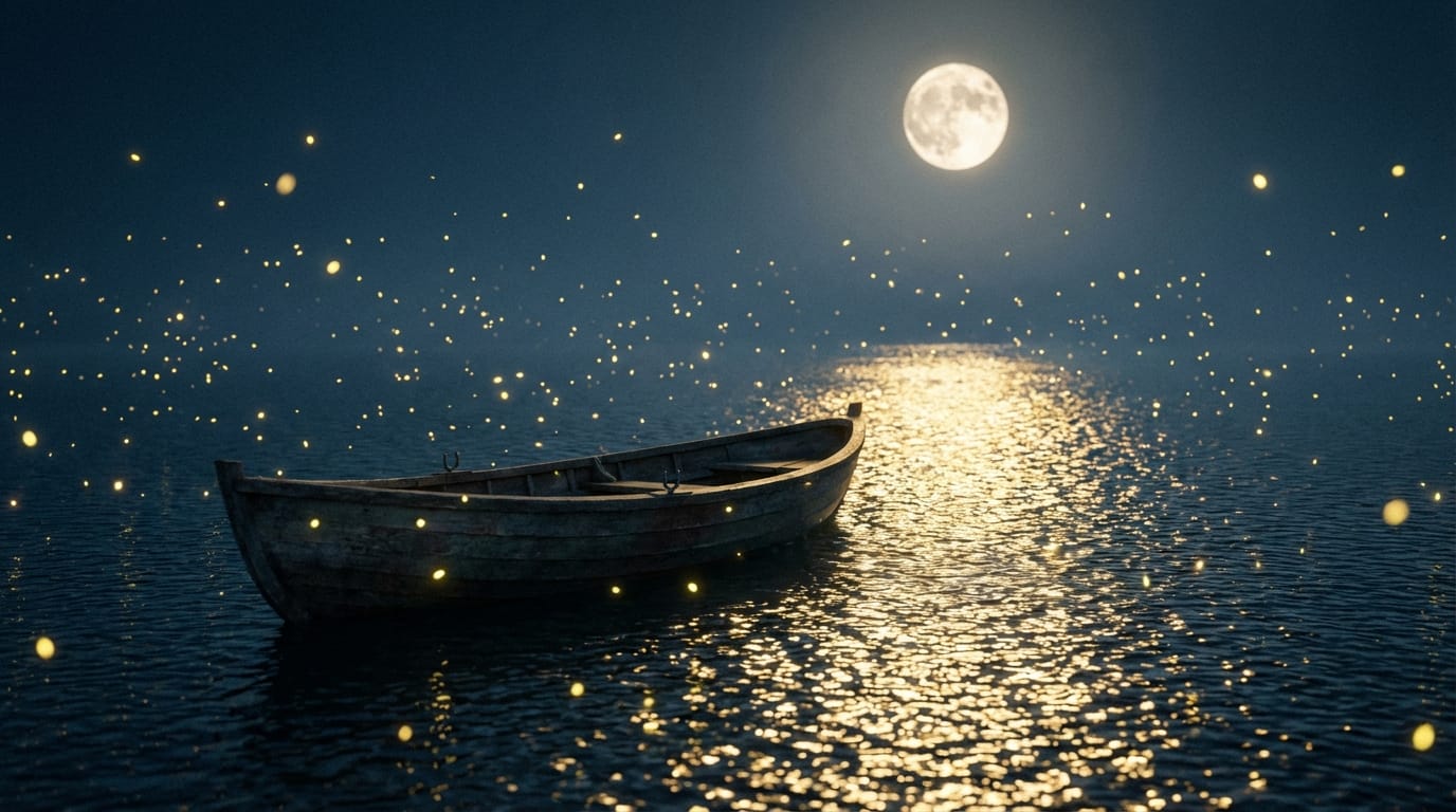 満月の夜、静かな湖面に浮かぶ古びた小舟、水面には月の光が反射してキラキラと輝き、周囲には蛍のような光の粒子がゆっくりと舞っている、幻想的で静寂な雰囲気、映画のような高品質な映像、超高解像度、スローモーション