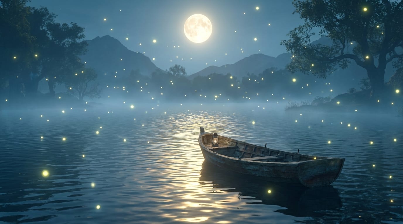 Full moon night, an old small boat floating on a quiet lake surface, moonlight reflecting and sparkling on the water, firefly-like light particles slowly dancing around, fantastic and silent atmosphere, cinematic high quality footage, ultra high resolution, slow motion