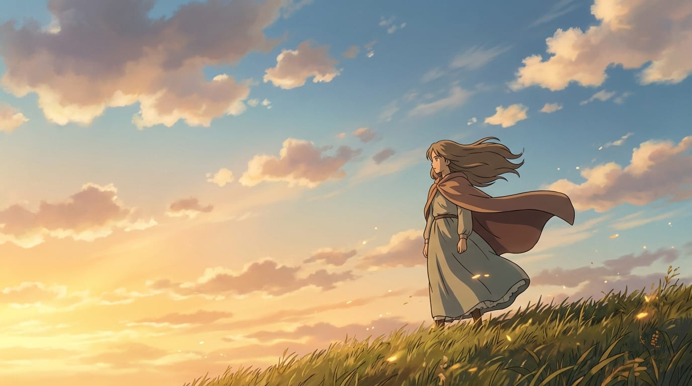 キャラクターの髪と服が風に優しくなびく、背景の雲がゆっくりと流れる、映画のようなライティング効果、高品質なアニメーション、自然な動き