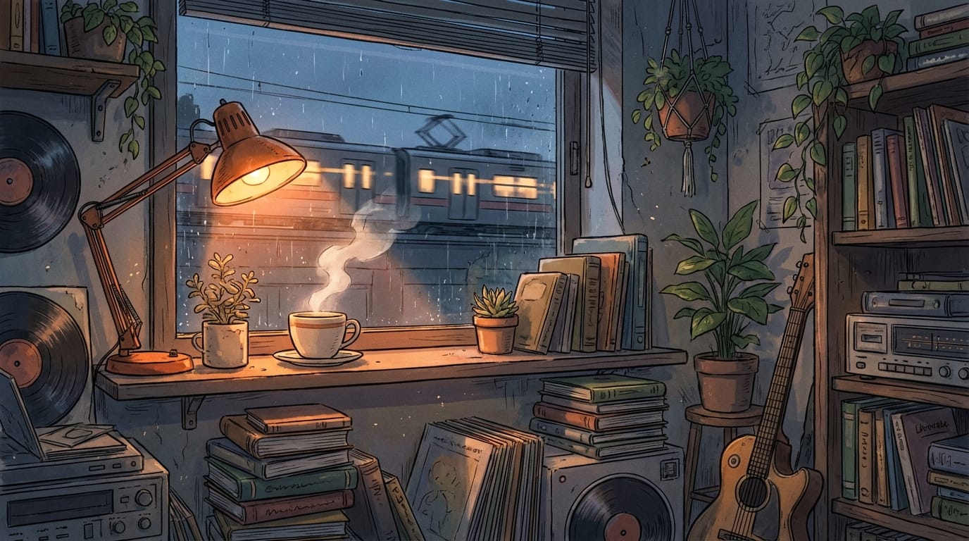夕暮れ時の散らかった部屋の窓辺、コーヒーカップから立ち上る湯気、窓の外を走る電車の光、ノスタルジックなオレンジ色の照明、ローファイヒップホップの美学、手描きアニメーション風のスタイル、リラックスした雰囲気、詳細な背景美術