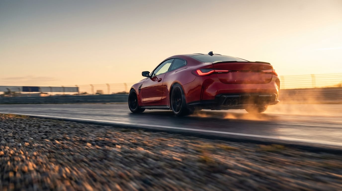 Cinematic low angle shot, camera moving swiftly along the ground following a running sports car, motion blur, asphalt texture, dramatic lighting, high speed sense.