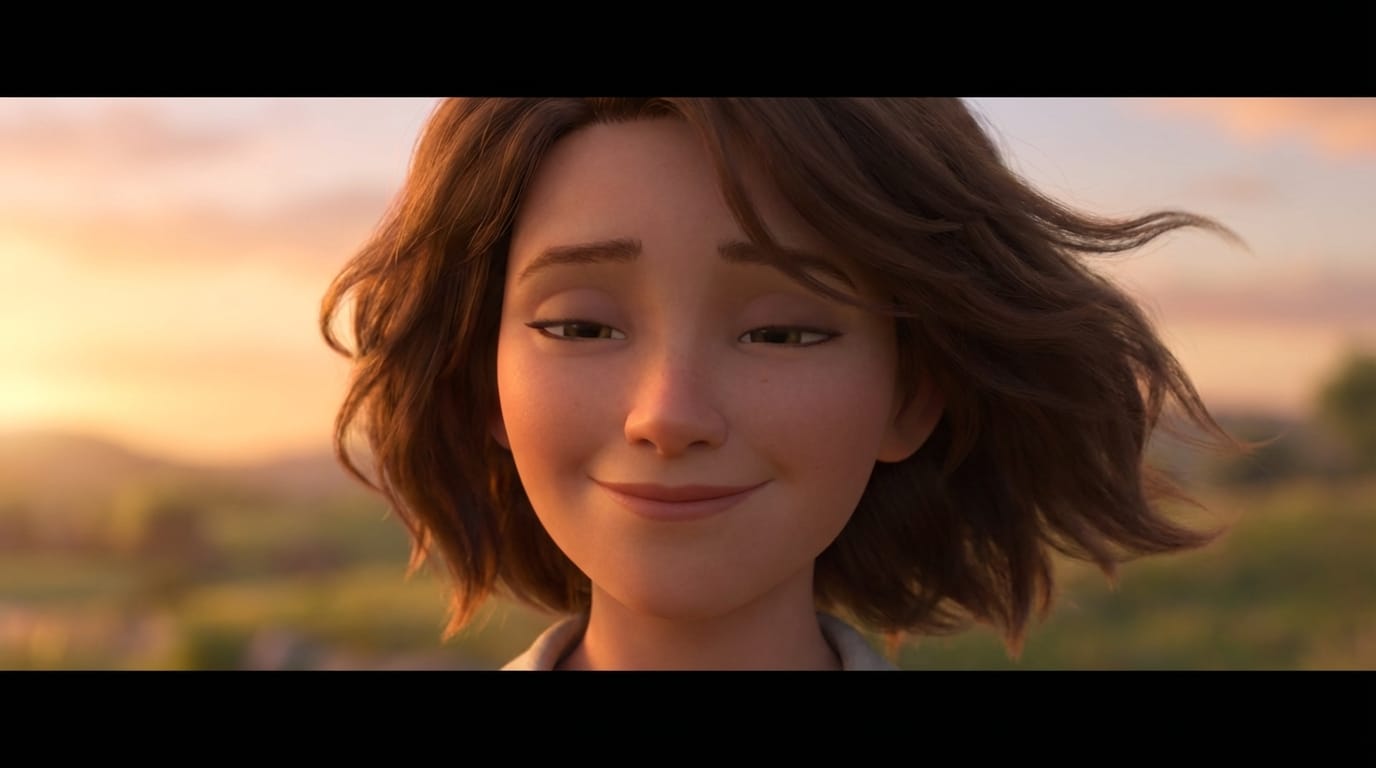 The character smiles gently, hair blowing in a soft breeze, eyes blinking naturally, subtle head movement, high quality animation, cinematic lighting, maintaining character consistency.