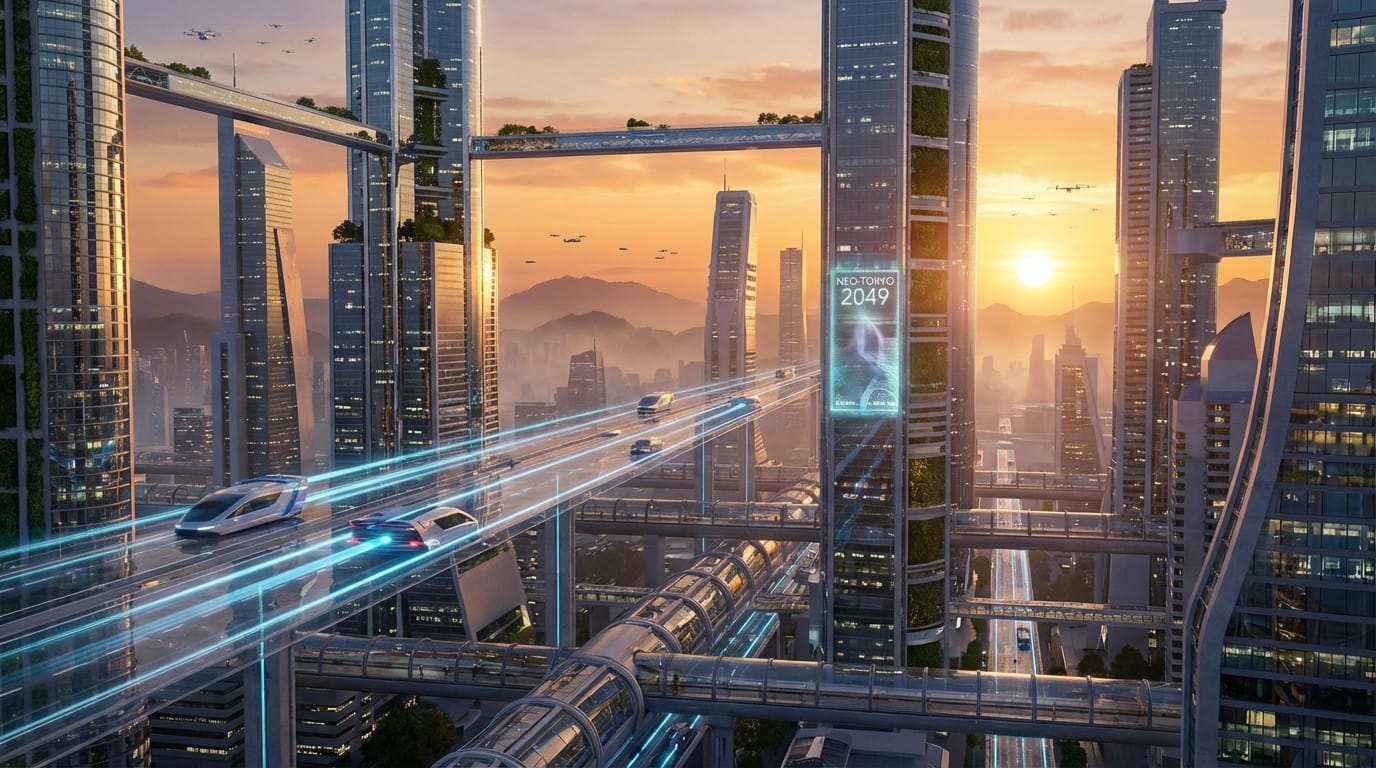 A cinematic wide shot of a futuristic city at sunset, flying cars moving smoothly, golden hour lighting, high detail, photorealistic, 8k resolution