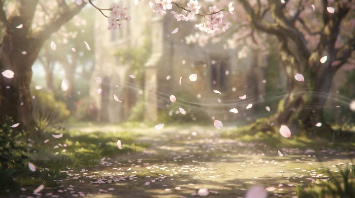 Slow motion, petals falling gently in the foreground, subtle wind effects, cinematic atmosphere, maintaining the original art style.