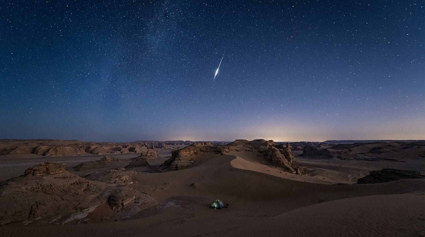 A wide cinematic shot of a vast desert landscape under a starry night sky, a shooting star streaks across specifically, silence and solitude, ultra-realistic, 8k, slow camera movement forward.