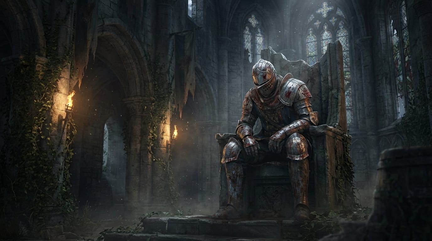 A dark fantasy knight sitting on a throne in a ruined gothic castle, full plate armor with rust and blood stains, heavy atmosphere, dim lighting, cinematic lighting, 8k resolution, hyper-realistic, dramatic composition