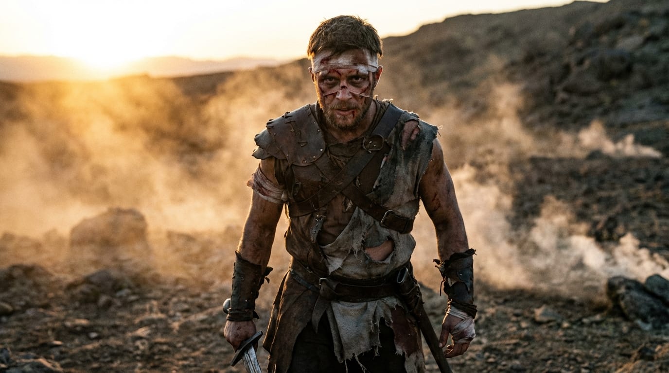 激しい戦いの後の戦士、荒野の背景、顔に切り傷と包帯、ボロボロになった革の鎧、疲労困憊だが意志の強い目、夕暮れの逆光、舞う砂埃、映画のワンシーンのような臨場感、超詳細な描写