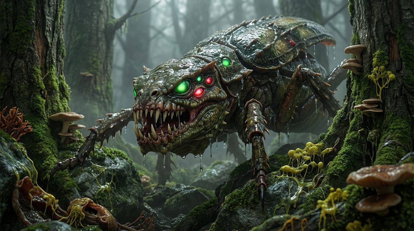 森の奥深くに潜む異形の怪物、昆虫と爬虫類の特徴を併せ持つ、濡れた鱗、鋭い牙、不気味に光る複数の目、霧がかった暗い森、苔むした岩、マクロ撮影風、グロテスクだが美しい、生物学的なリアリティ