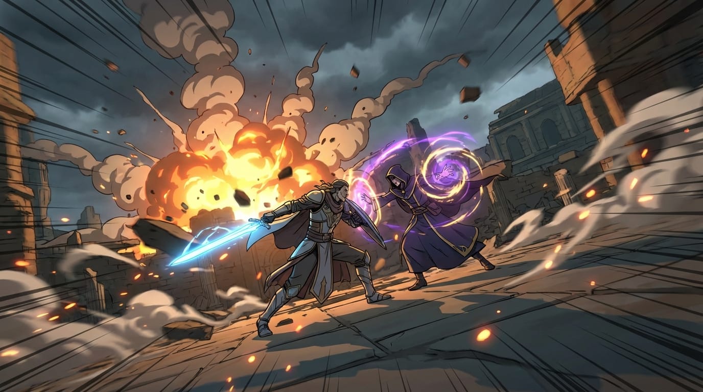 Fantasy anime battle scene, magic effects, dynamic camera movement, cel shaded, 2D animation, explosion, smoke, intense action