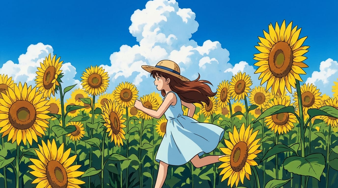 Japanese anime style, cell shading, 2D animation, a young girl running through a field of sunflowers under a bright blue summer sky, cumulus clouds, sharp shadows, vivid colors, high quality production, 1990s anime aesthetic