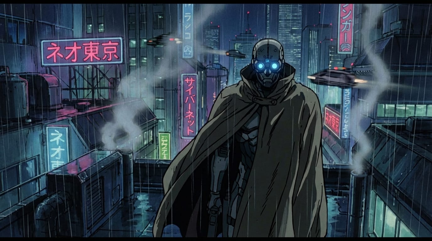 Cyberpunk anime style, neon lights, rain falling in a futuristic city, a mysterious cyborg standing on a rooftop, cell shaded, sharp outlines, cinematic lighting, 2D animation style